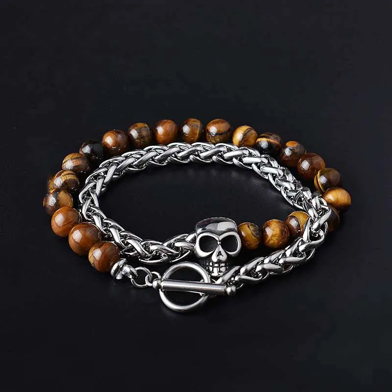 Natural Stone Beaded Bracelet Stainless Steel Skeleton Skull Bracelet Synthetic Malachite Hematite Stone Hand Jewelry for Men