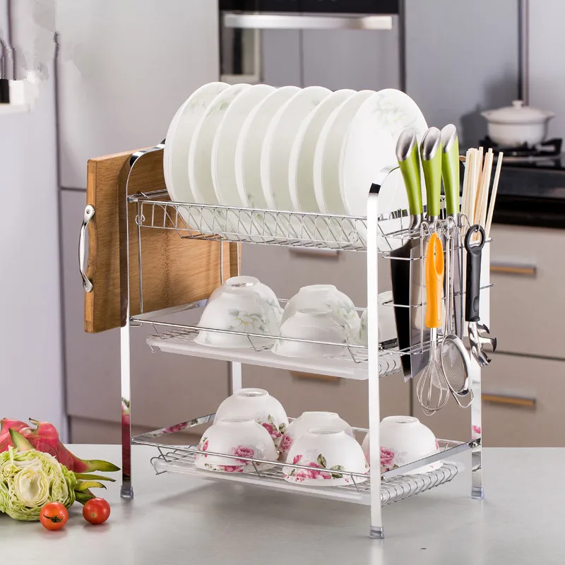 Three-layer B-shaped dish drain rack function dish insert knife cutting board rack kitchen storage rack