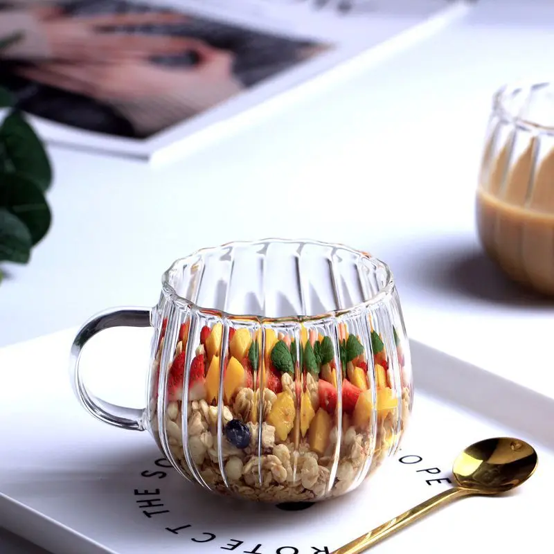 Striped 350ml/12oz ripple glass coffee mug with handle Eco friendly sublimation logo custom milk juice hot water cup