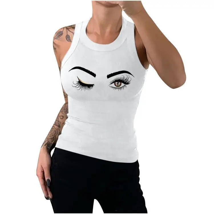 Custom Eyelash Print Womens Tank Top Summer Sleeveless Basic Cami Top Shirt Slim Racerback Tank Top