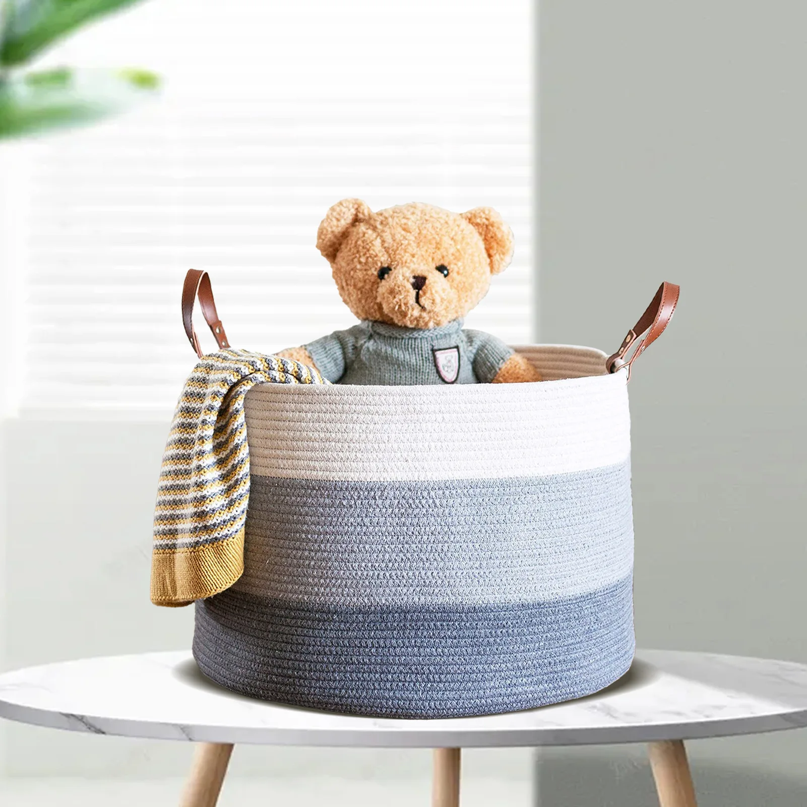 Multi Purpose Large Blanket Basket Living Room Cotton Rope Basket with Real Leather Handles Large Baskets for Blankets Storage
