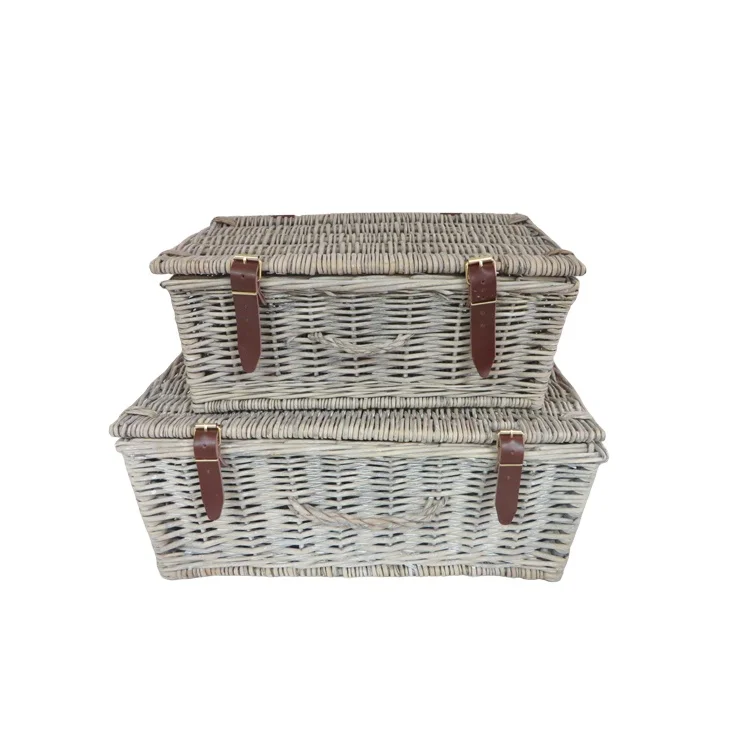 Large set 2 gift empty grey natural wicker hamper storage  basket with lid