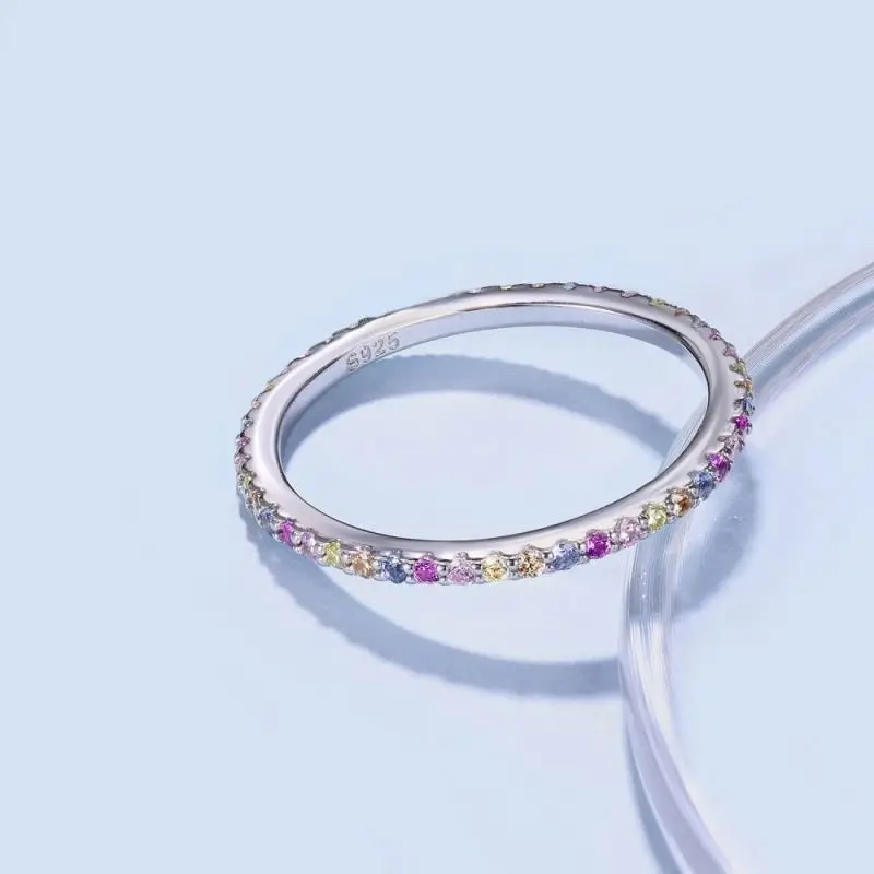 Dylam Best Selling Small S925 Sterling Silver Ring Band Rainbow Colorful Pink Diamond Cz Cubic Zirconia Rings Jewelry Women