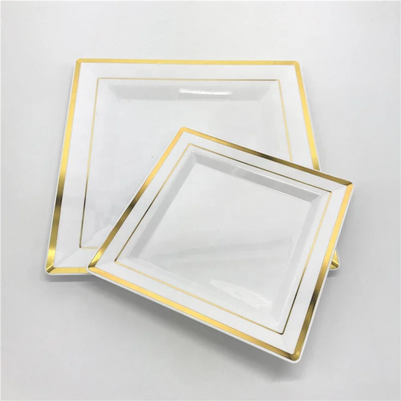Disposable Plastic Gold Square Dinner Plates Classic Wedding Party Plates