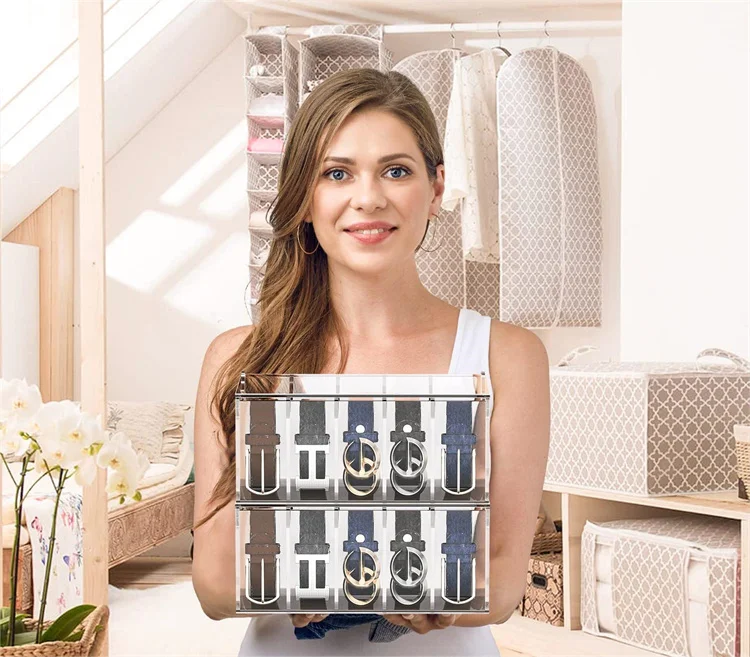 5 7 Compartment Dust Cover Acrylic Belt Storage Holder Ties Belt Organizer for Home Closet