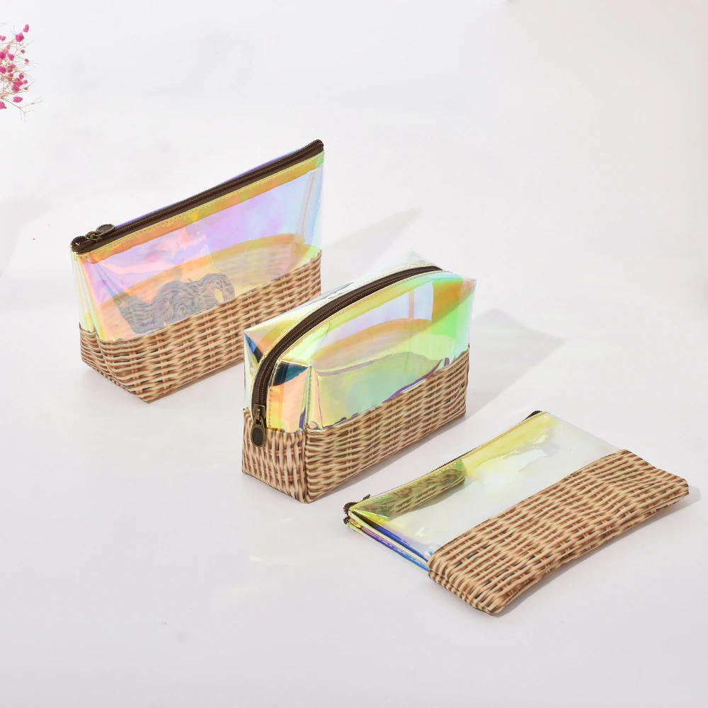 Factory Outlet Wholesale Custom Promotional Cosmetic Bag UniqueHolographic Pvc and PP Straw Splicing Cosmetic Bag