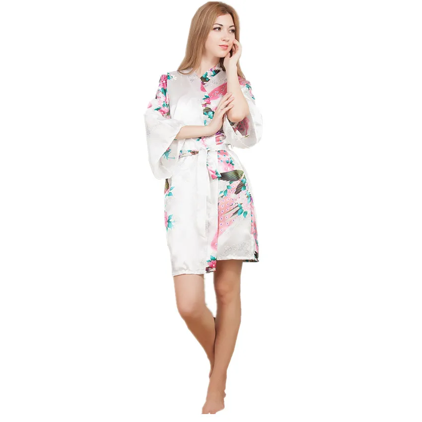 Artificial Silk Robe Ladies Short Peacock Kimono Luxury Nightgown Made in China Superior Quality Summer Women Breathable V-neck