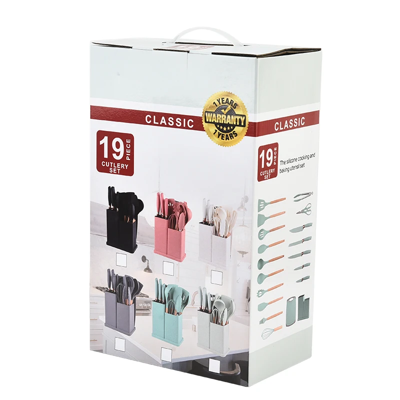 Home and kitchen 19pcs wooden handle silicone kitchen tools set with cutting board and knives kitchen utensils set