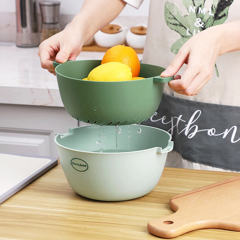 Drain Basket with Handle and Base Kitchen Strainer Baskets Match for Food Vegetable Rice Fruit (2 pack Plastic basket)