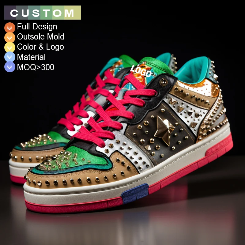 Custom men luxury brand Rhinestone Rivets shoes lace-up genuine leather shoe trendy studded sneakers designer footwear
