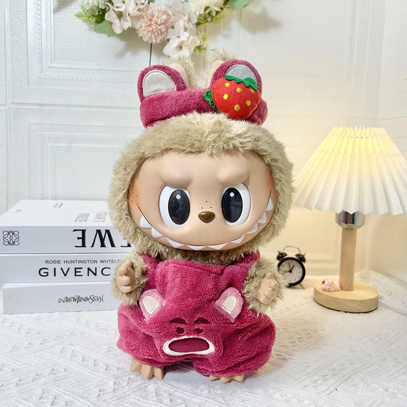 2293 38cm Vinyl Plush Doll Replacement Strawberry Bear Suit Cute Dress Outfit Clothes Only Labubu