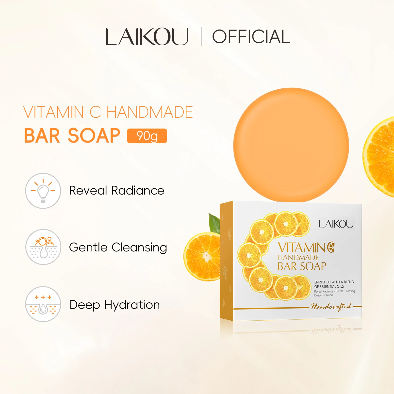LAIKOU 90g Vitamin C Handmade Bar Soap Essential Oils Reveal Radiance Silky Smooth Skin Soap With Foaming Net