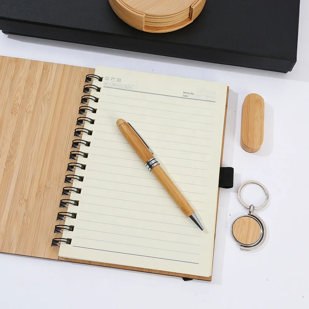 Eco Friendly Corporate Bamboo Gift Box Luxury Set A5 Notebook Pen USB Card holder Key Chain Flask Custom Logo Business Gift Set