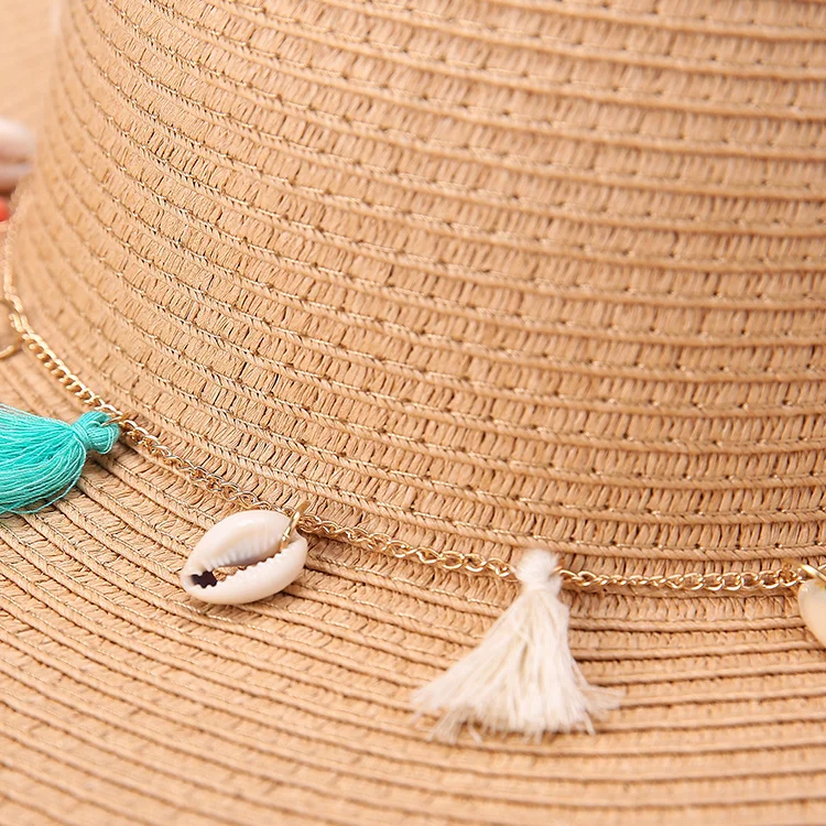 2022 New Fashion Wholesale Beauty Lady Bohemia  Sun Straw Hat Large Brim Shell  Beach String Straw Hat