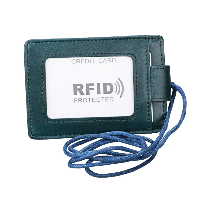 Genuine leather id card badge holder with lanyard rfid blocking  cover for chest card hangtag work pass student card holder
