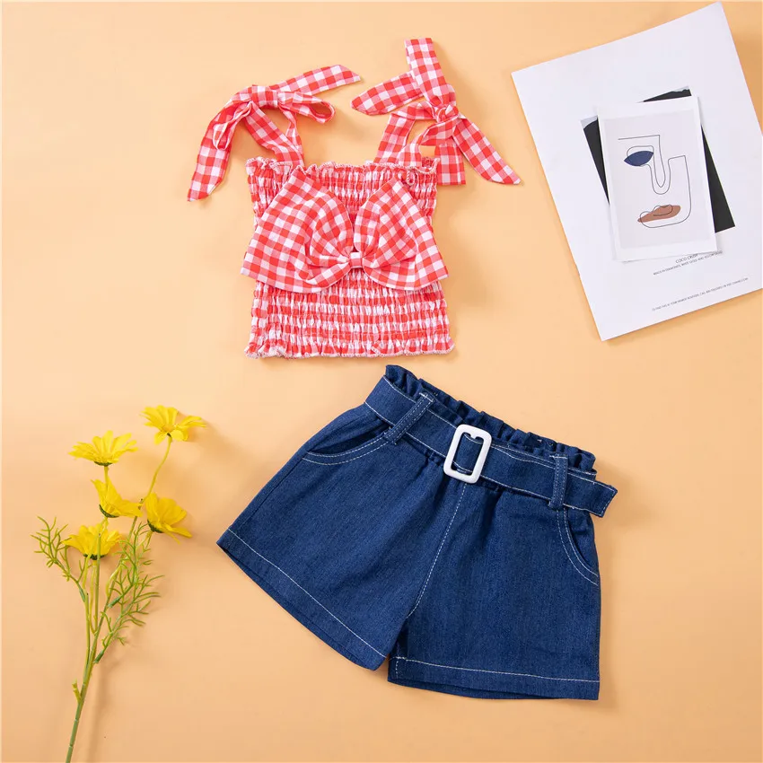 Summer Girls Clothing Sling Suit Plaid Top Denim Shorts Two Piece Set Sweet And Lovely Clothes
