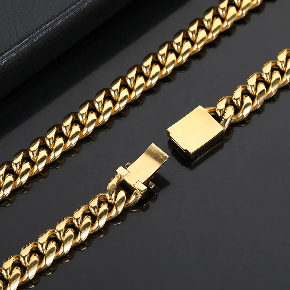 VEROMCA 18k Gold Stainless Steel Cuban Necklace Customizable Logo Four Sided Grinding Clasp Necklace