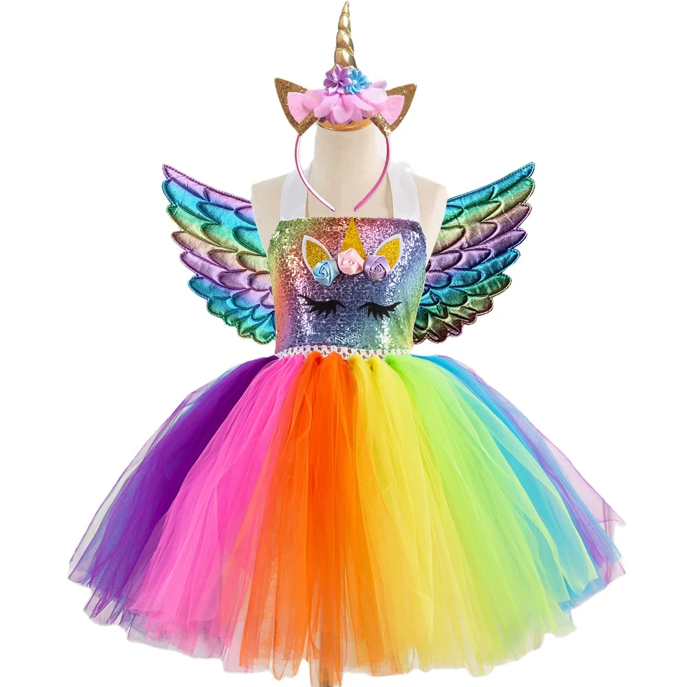Girls Kids Party Rainbow Unicorn Princess Dress Sequined Headband With Wing Dress