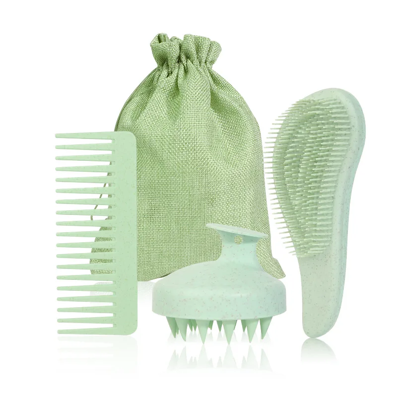 Private Logo Wheat Straw Detangling Brush Set Detangler Hair Brush with Wheat Straw Shampoo Brush Scalp Massager with Bag Pack