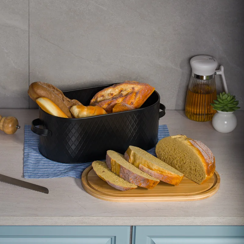 In Stock Wholesale Elliptical Metal Food Container Storage Box Custom Kitchen Bread Box with Bamboo lid