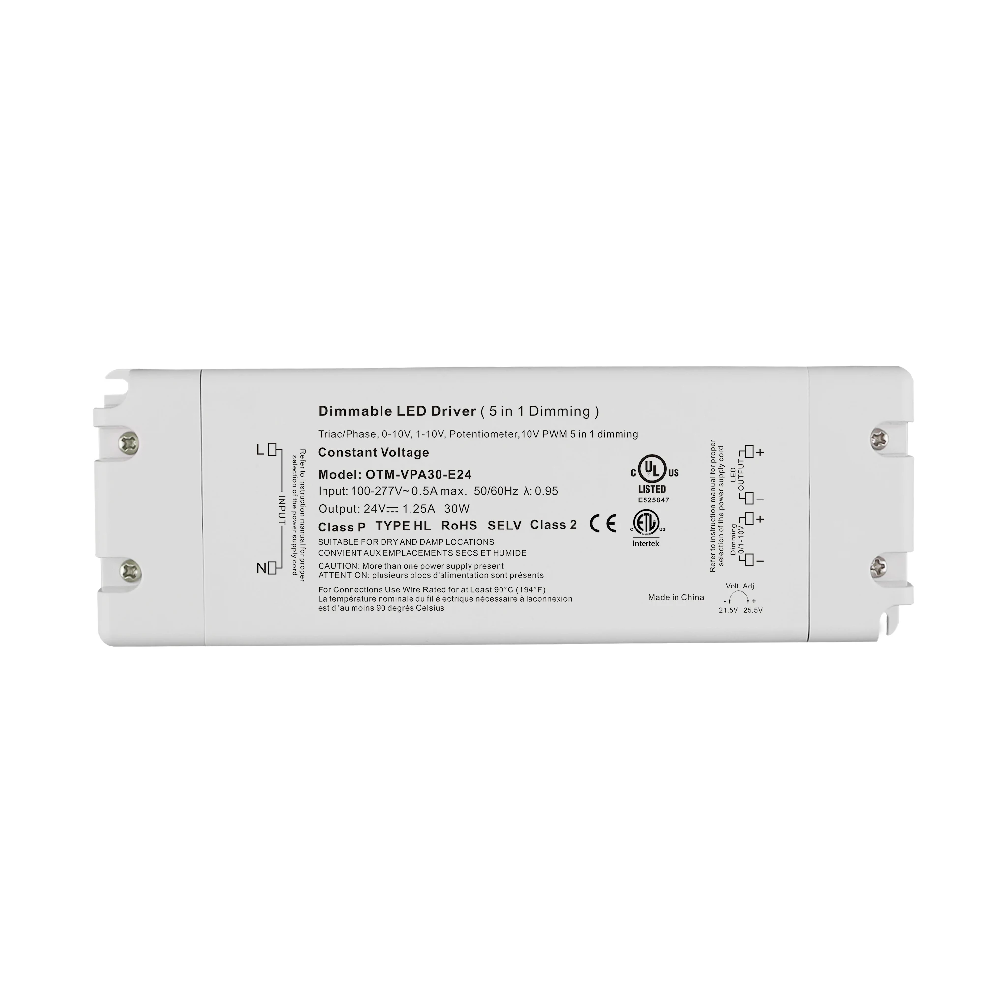 UL Triac 0-10V PWM 5 in 1 24V 30w Constant Voltage Dimmable LED Driver