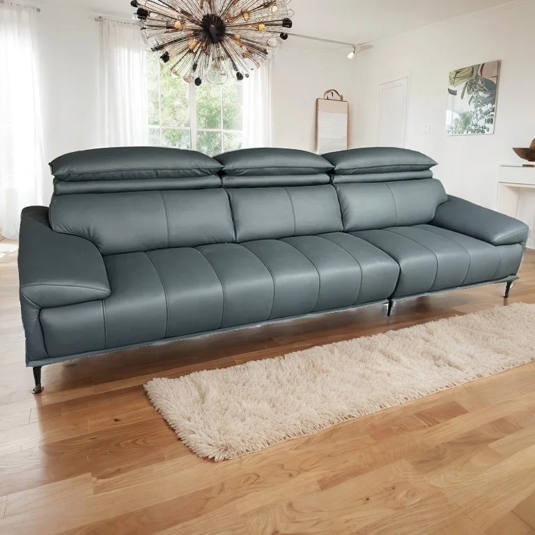I Shape Adjustable Head Premium Genuine Leather Sofa With Black Steel Legs For Living Room Furniture