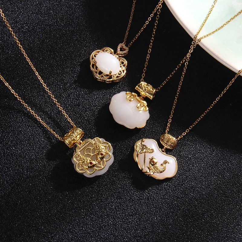 Vintage White Jade Pendant Necklace Jewelry For Women Fish Four Leaf Clover Longevity Lock Charms Necklace