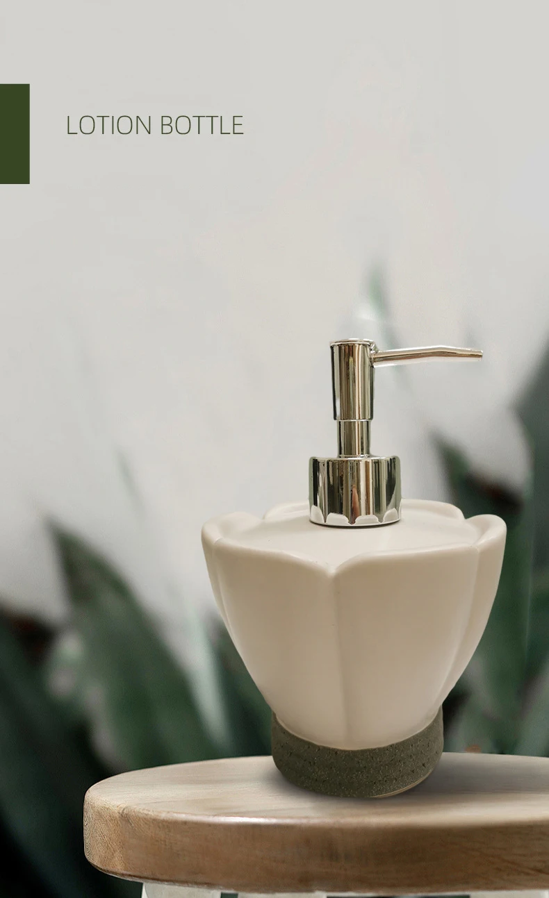 White Lotus Design Luxury Ceramic Bathroom Accessories Lotion Pump Bottle Toothbrush Holder Tumbler Cup Soap Dispenser