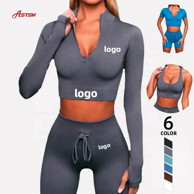 Женский спортивный костюм с логотипом на заказ, спортивная одежда, бюстгальтер, бесшовные леггинсы и куртка для йоги большого размера, комплект из 6 предметов, одежда для фитнеса