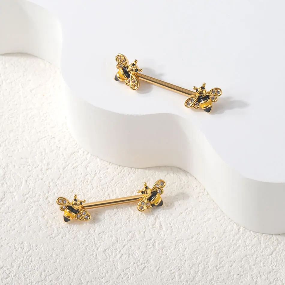 Stainless Steel Nipple Tongue Rings Bee Barbell Yellow Nipple Piercing Jewelry Body Retainer 14G
