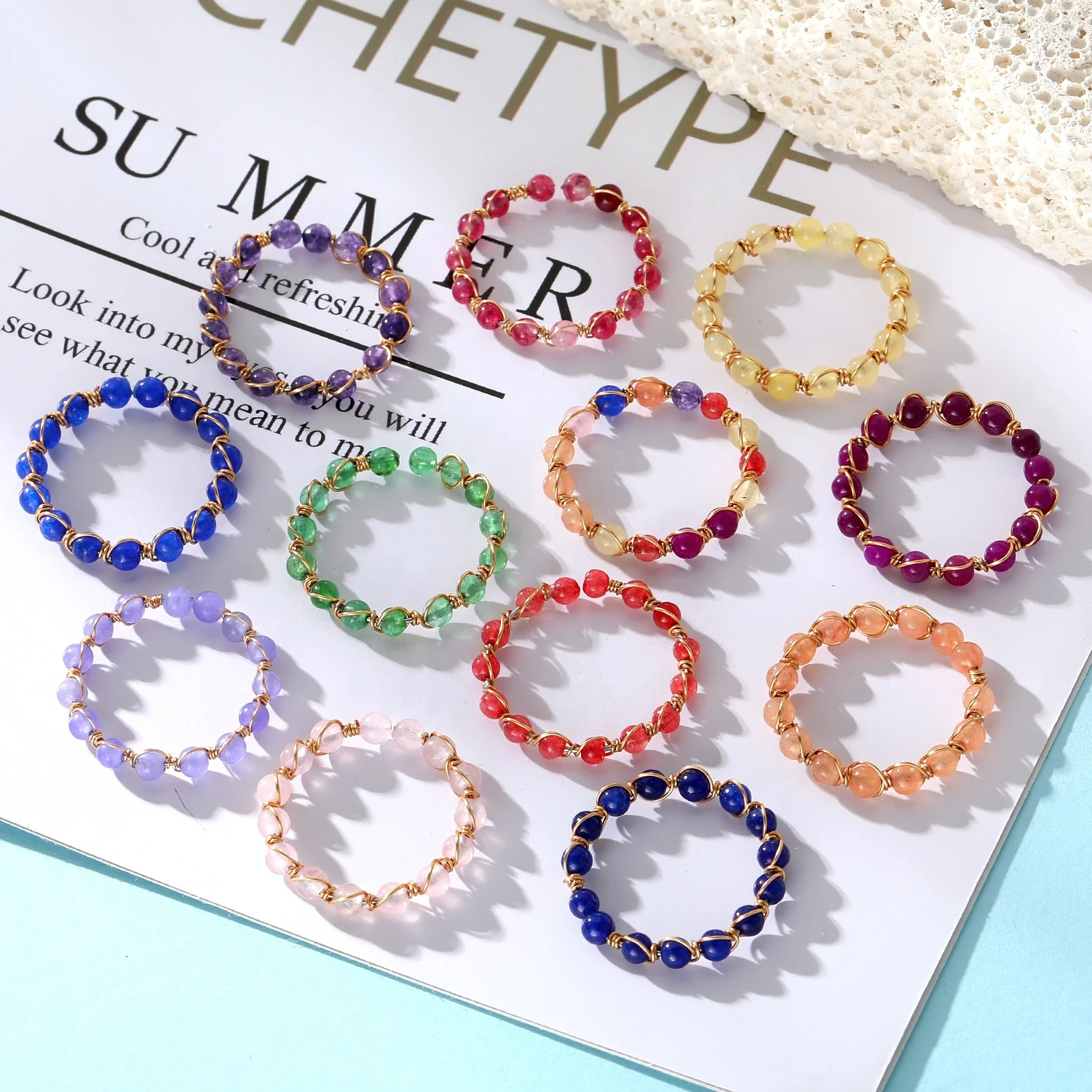 Natural Healing Stone Crystal Rings 7 Chakra Meditation Gemstone Natural Stone Ring