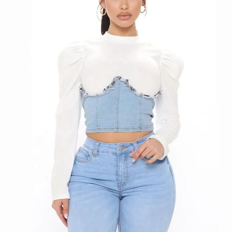 
Hot Selling Long Sleeve Tops Puff Sleeve Denim Corset Hook And Eye Closure Blouse 