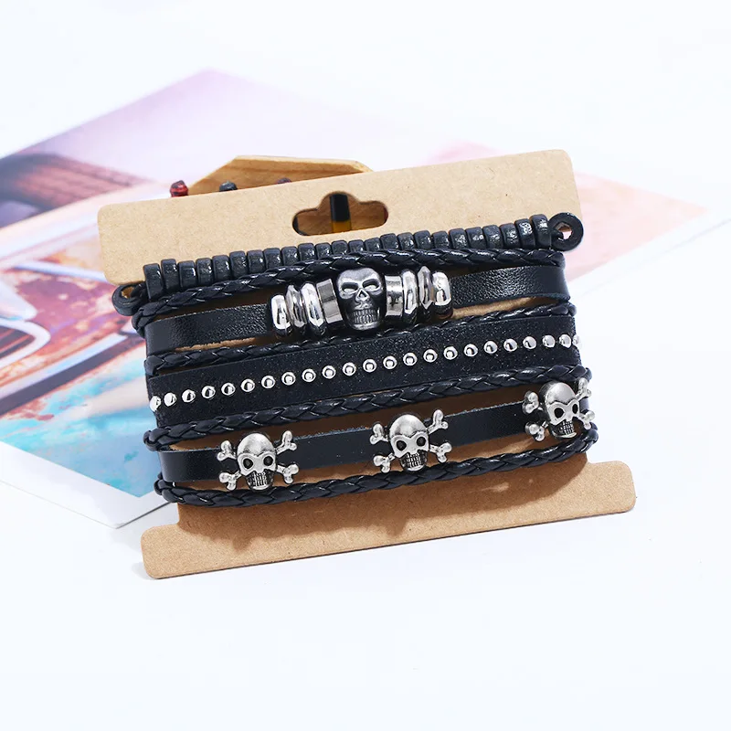 2022 New Vintage Rock Punk Genuine Leather Bracelet Pulseira Mujer Male Bangles Skull Stud Charm Bracelet for Women Men Jewelry