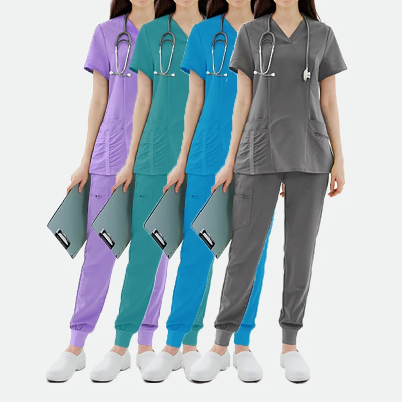 Hospital Overalls Dentist Surgery Medical Scrub Uniform Set Woman Solid Color Nurse Clothes Wholesale Price Can Be Customized