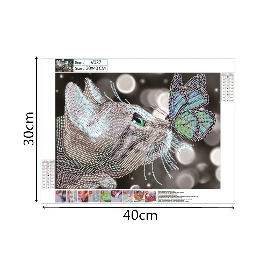 
Cunzhen Customized 30*40cm V037 Canvas Paintings Large Dot Digital Butterfly And Cat Diamond Painting 
