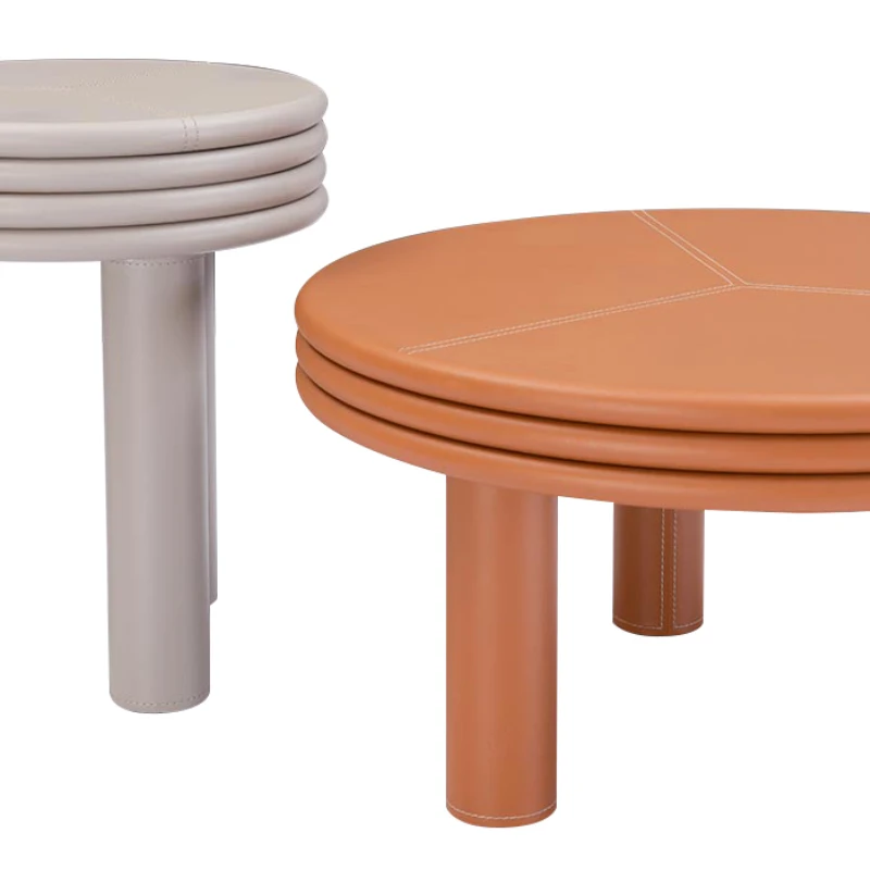 Factory Wholesale Italian Design Living Room Three Legs Round Orange Leather Coffee Table