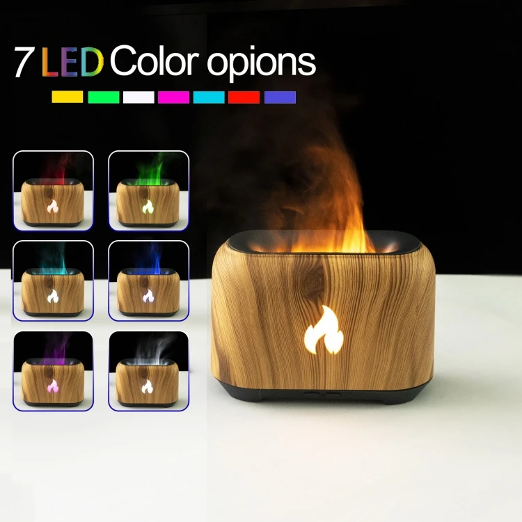 Wood Grain 7 Color LED 150ml Aromatherapy Essential Oil Diffuser Ultrasonic 3D Fire Flame Air Humidifier Aroma Diffuser
