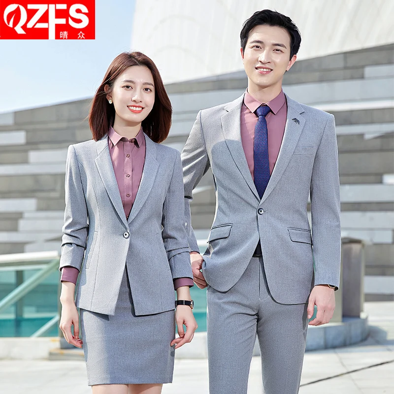 terno Silver gray suit high-end professional wear autumn and winter men and women the same suit hotel manager business suit