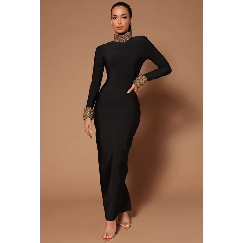 C3654  Popular Style Elegant Banquet Evening Dresses Black Long Sleeve Backless Luxury Beaded Bandage Bodycon Women Maxi Dresses