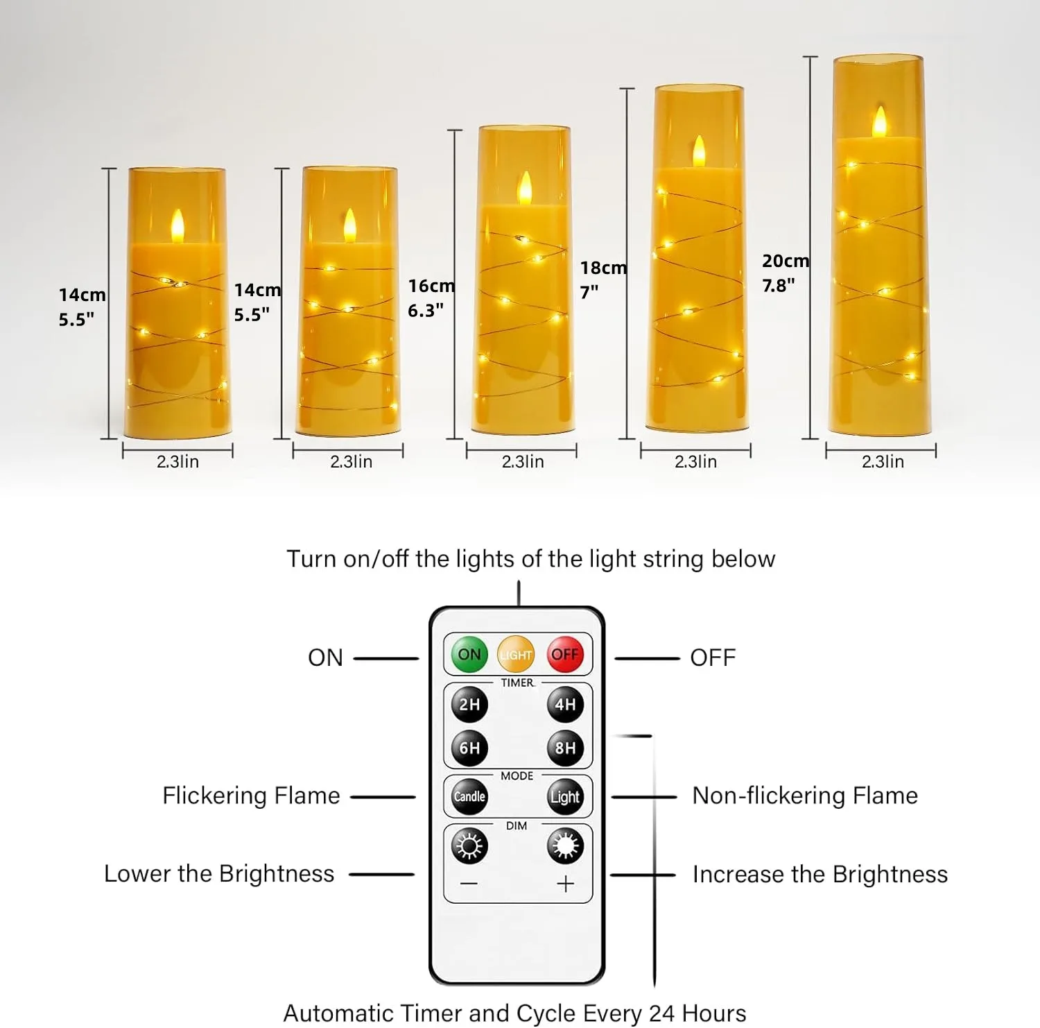 Battery Operated Flameless LED Candles light set with Timer 5Pc Flickering electronic candle with Star String for wedding decor