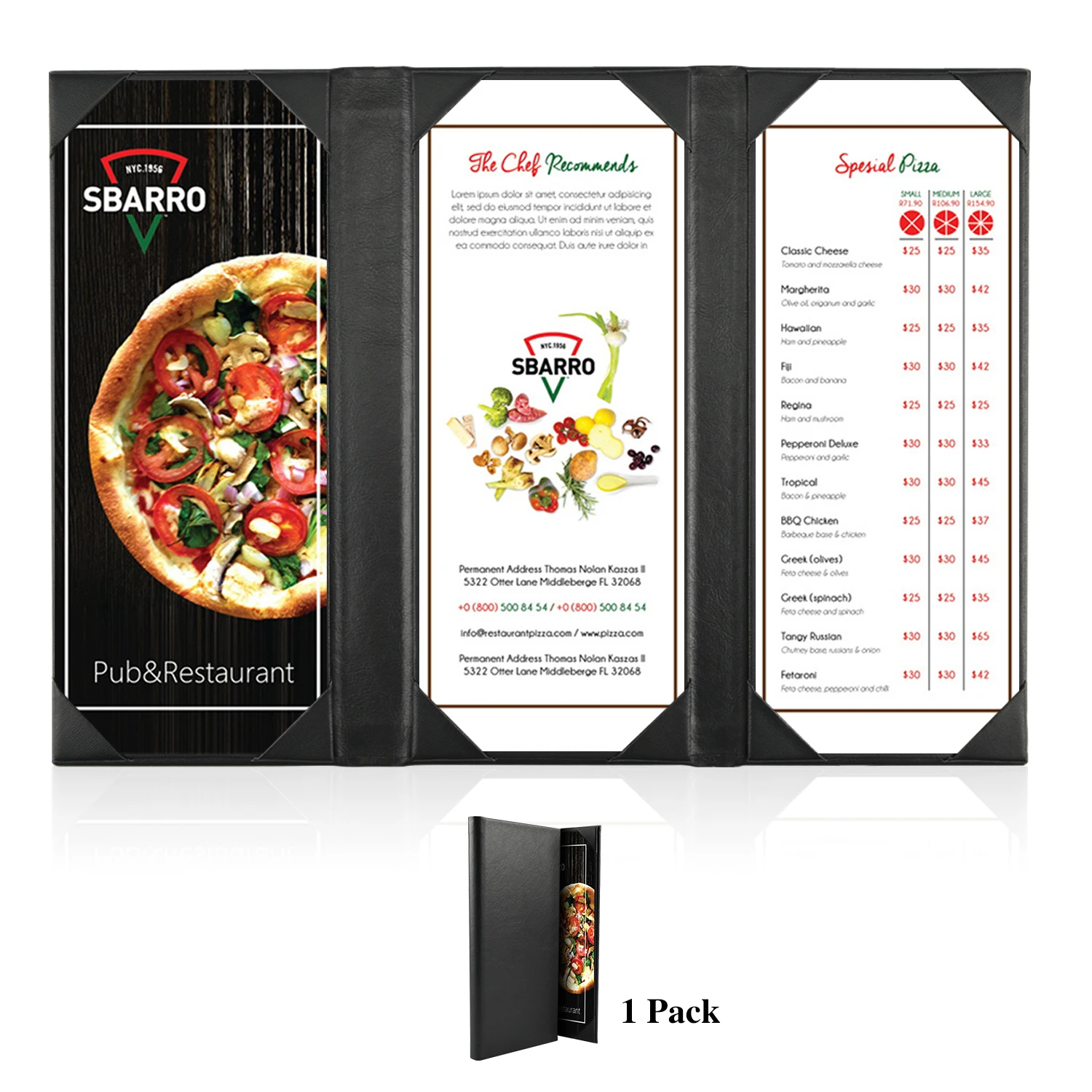 Menu Covers Holders for 4.25 X 11 inches menus Black Leather Menu Holder Covers Three View Page Panel for Restaurant Cafes Bar