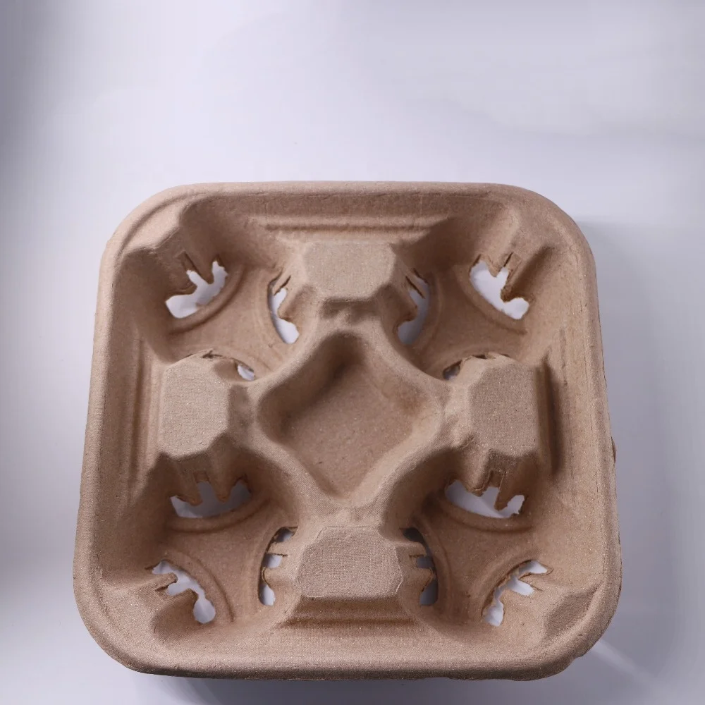 Disposable Pulp Moulded Drink Paper Cup Carrier Holder Tray for 4