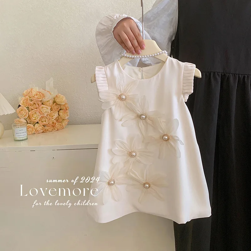 2024 New Fashion Toddler Girl Pearls Flowers Sleeveless Beige Dress 2-6 Years