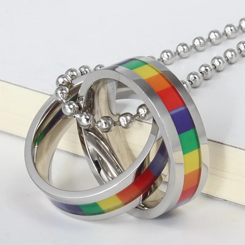 China High Quality Stainless Steel Circle Plate Rainbow Pride Gay Necklace Men Fashion Couple Unisex Pendant Chain Jewelry Gifts