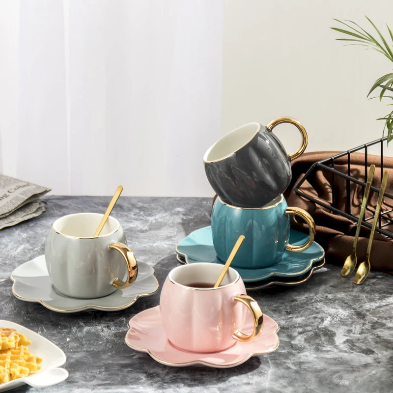 Modern luxury gold rim coffee mug ethiopian Ceramic tea set Business gifts Coffee cup dish Custom porcelain tea cup