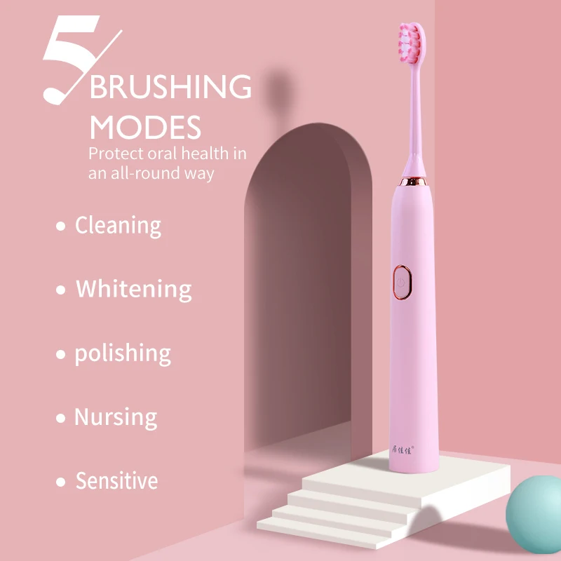 Electric toothbrush pink color OEM with 5 mode vibration frequency of 38000 times per minute China Factory