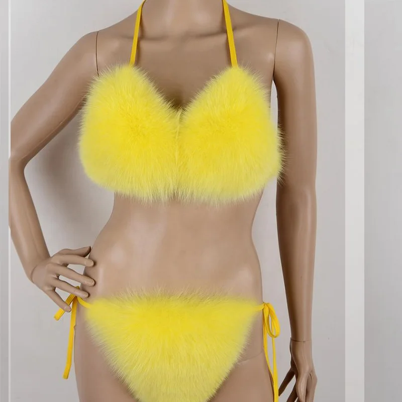 Женское бикини из натурального Лисьего меха, летнее пляжное нижнее белье, праздничный плотный пушистый бюстгальтер из натурального меха