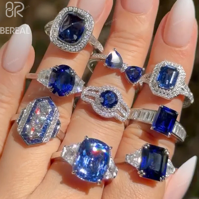 Real Lab Grown Blue Sapphire Halo Engagement Ring Women Wholesale 18K Gold Plated Oval Lab Created Sapphire Wedding Rings