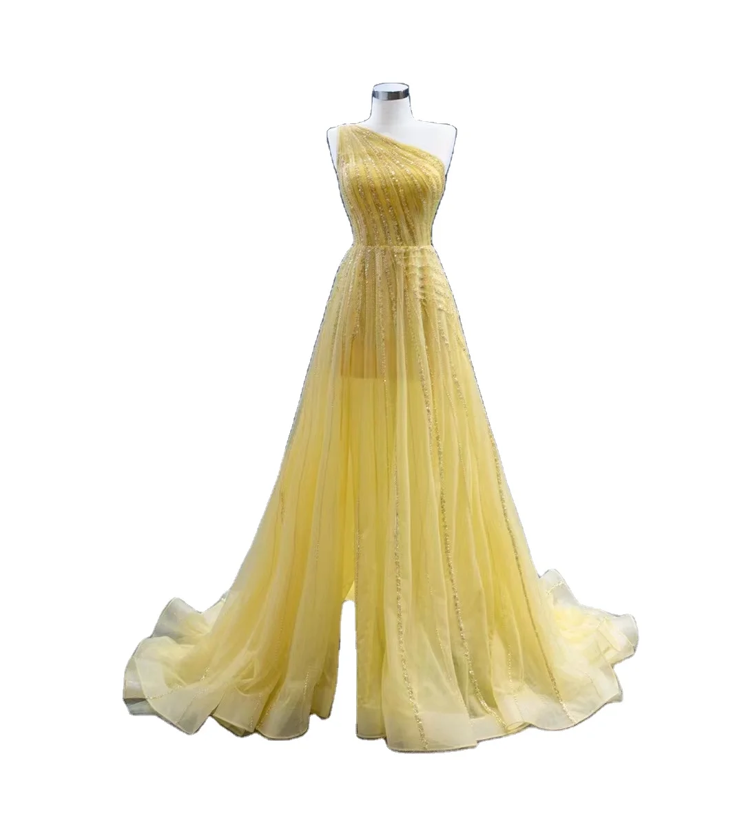 Feishiluo Sexy  Split Yellow  party dress Ladies Sequin bead A-line  Evening Fashion Gowns For Women Prom Dress