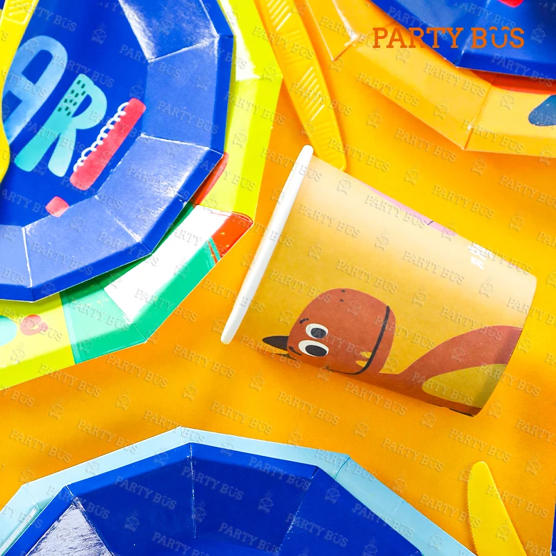 PARTYBUS 2021, оптовая продажа, товары для дня рождения с динозавром, одноразовые Мультяшные бумажные тарелки, чашки, наборы посуды для вечеринки для детей